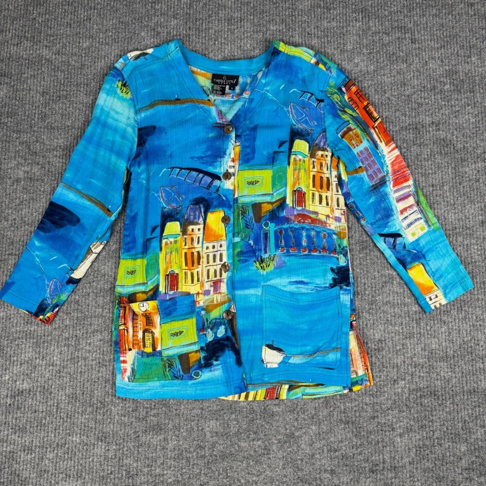 Vtg Carole Little Jacket Womens S Art Cityscape Lightweight Rayon Button Front